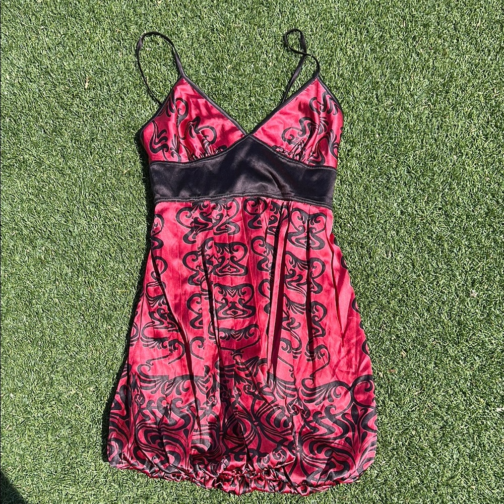Vintage BEBE Red/Pink and Black Women's Slip Bubble Dress